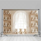Aperturee - Aperturee Teddy Bear Cake Smash Photography Backdrop Vintage Nursery with Bookshelves We Can Bearly Wait Photo Prop Decor